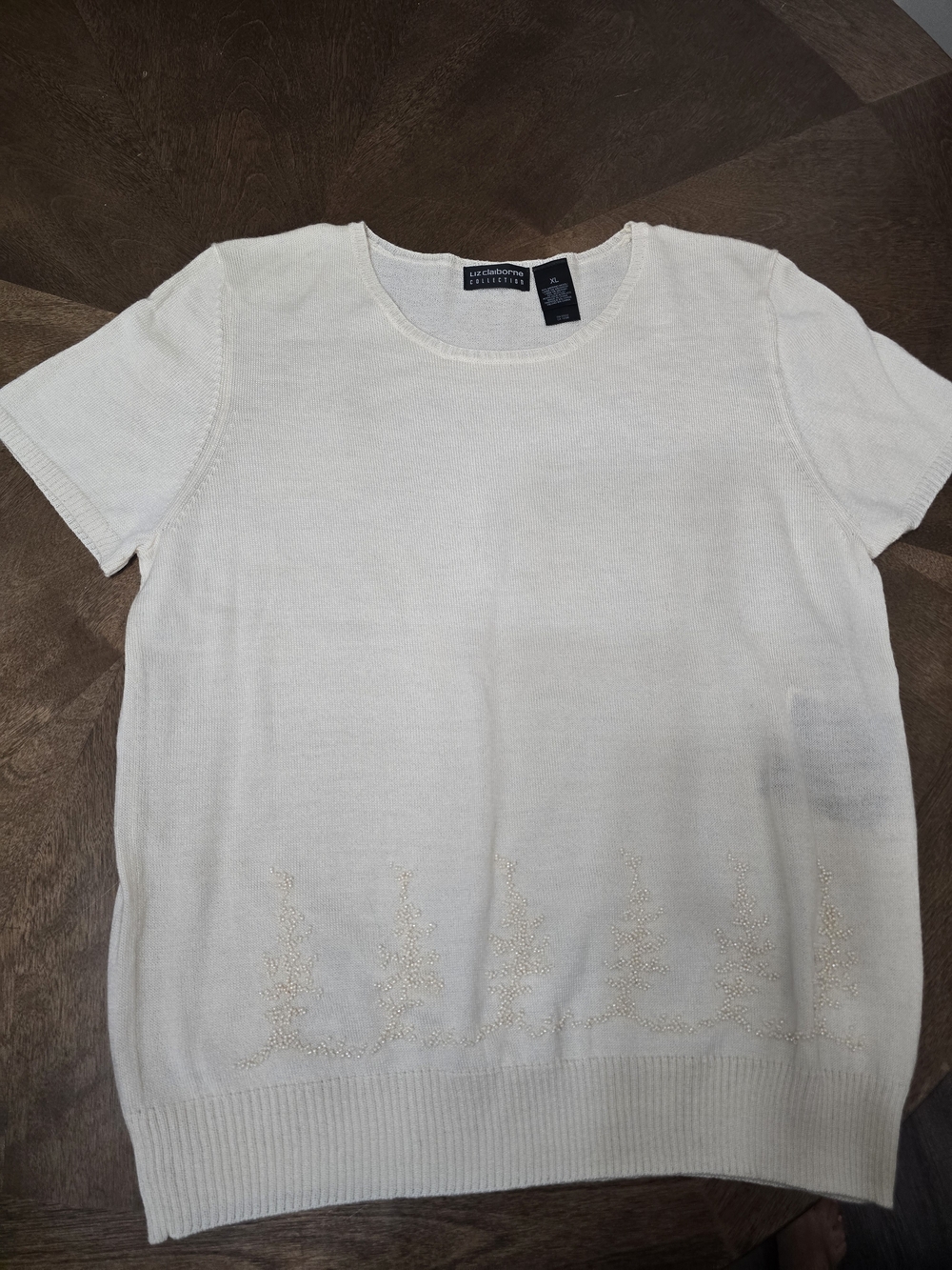 VTG Liz Claiborne Collection Short Sleeve Beaded Merino Wool Blend Sweater - XL